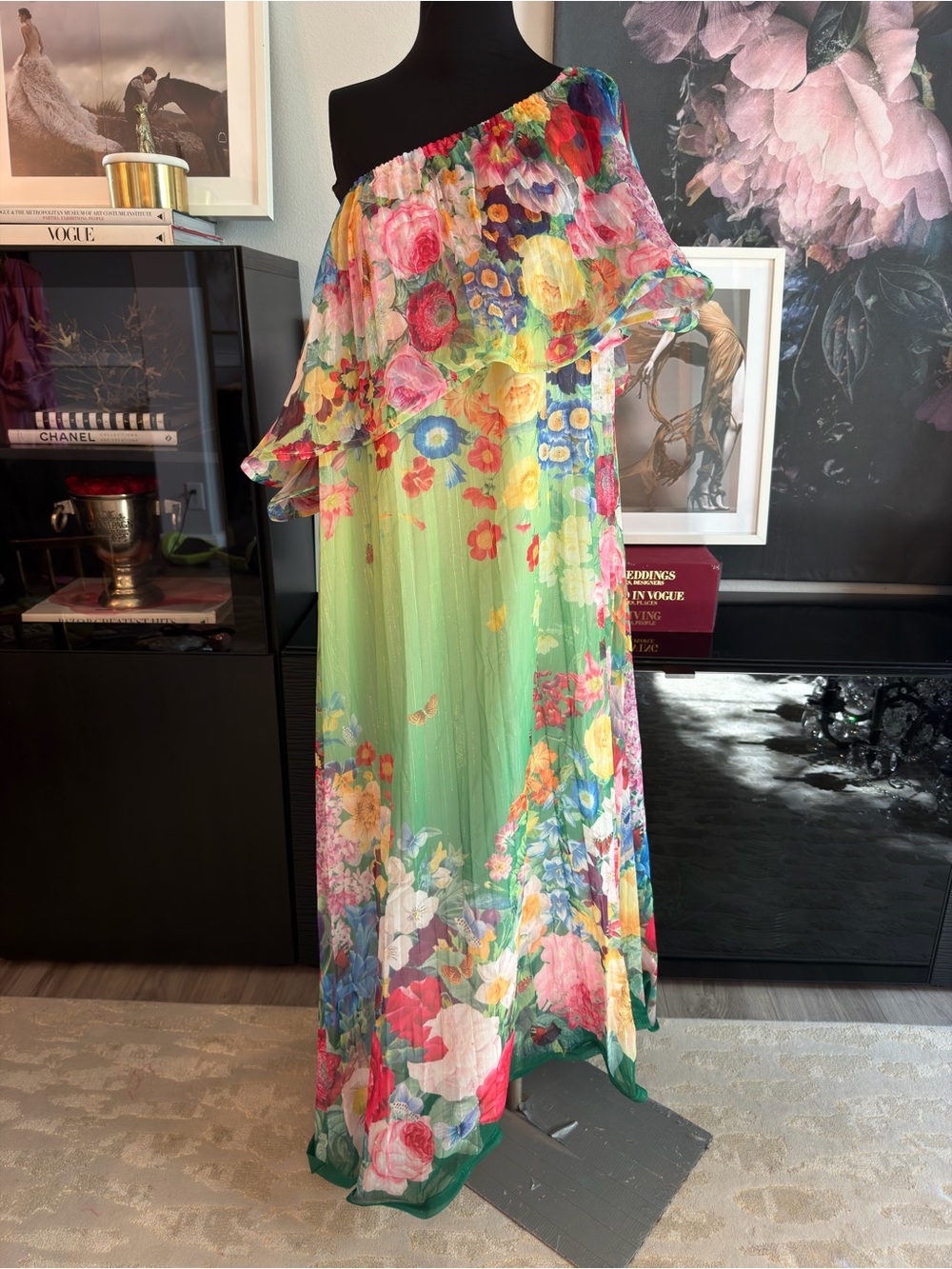 One-Shoulder Floral Maxi Skirt Dress - Green Floral